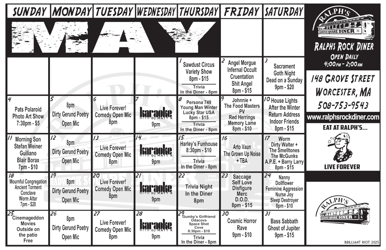 Ralph's Diner Monthly Event Calendar