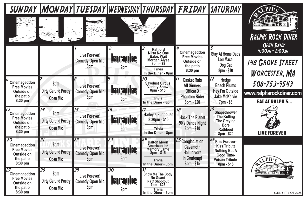 Ralph's Diner Monthly Event Calendar
