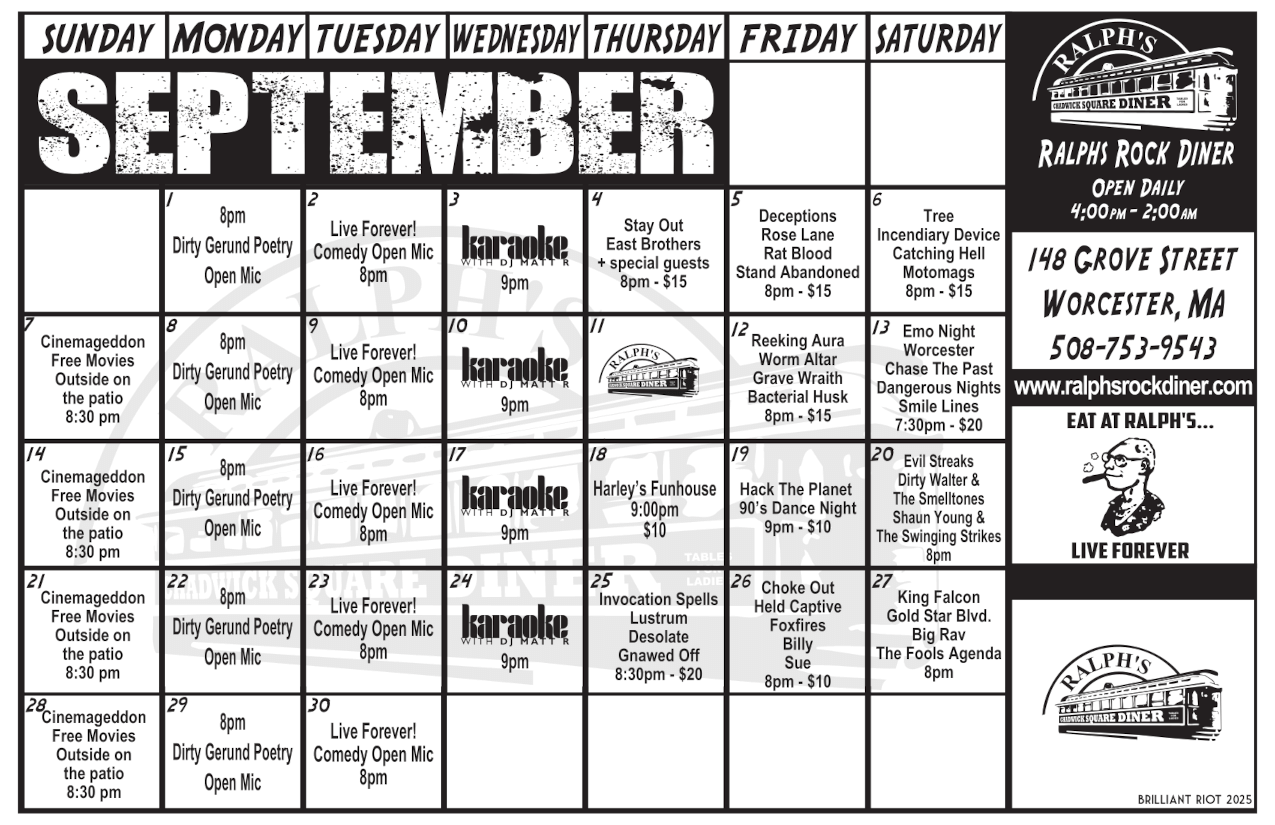 Ralph's Diner Monthly Event Calendar