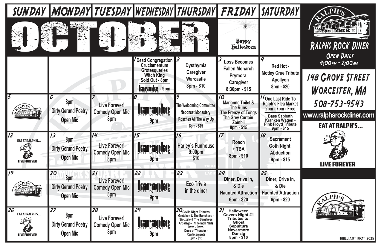 Ralph's Diner Monthly Event Calendar